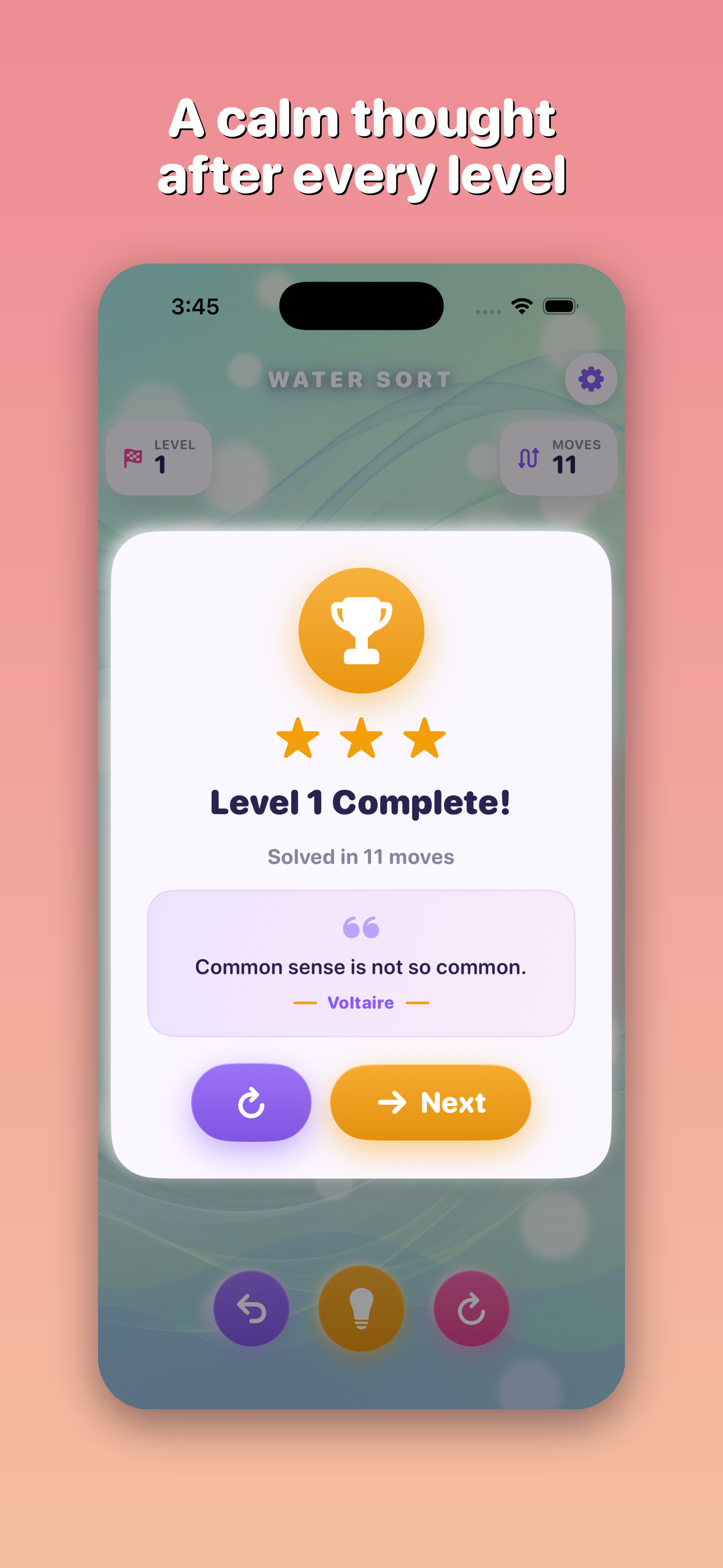 Water Sort Puzzle level complete with a calming quote